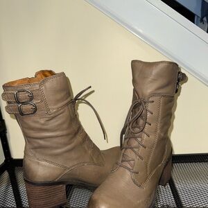 Lucky Brand Tan Lace Up Mid-Calf Boots with Buckle and Chunky Heel